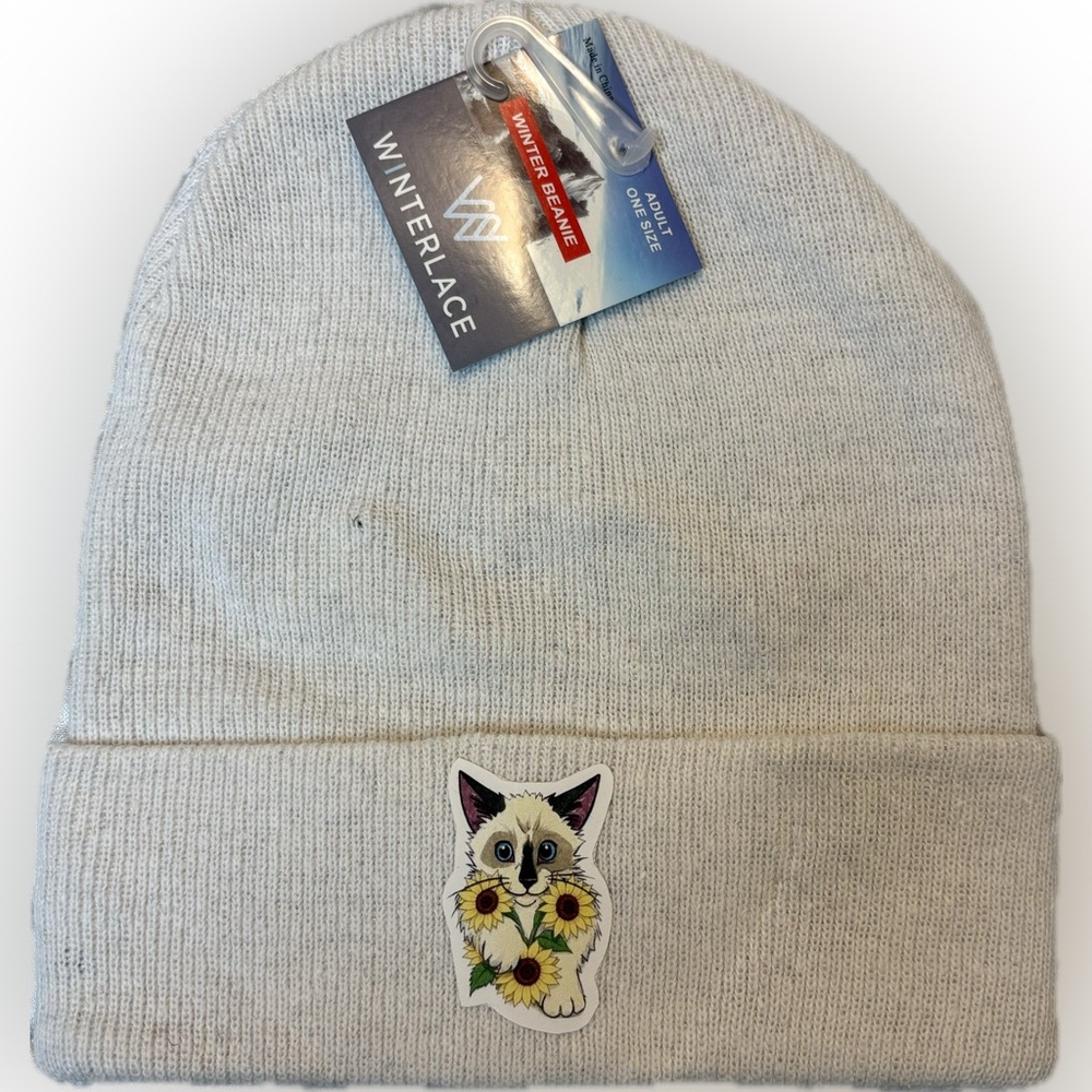 Beanie - White with Cute kitten sunflower Patch